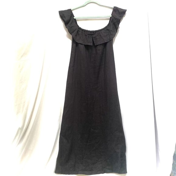 REFORMATION Amethyst 100% Linen Midi Dress XL Black Ruffle Off Shoulder Lagom - Picture 2 of 12